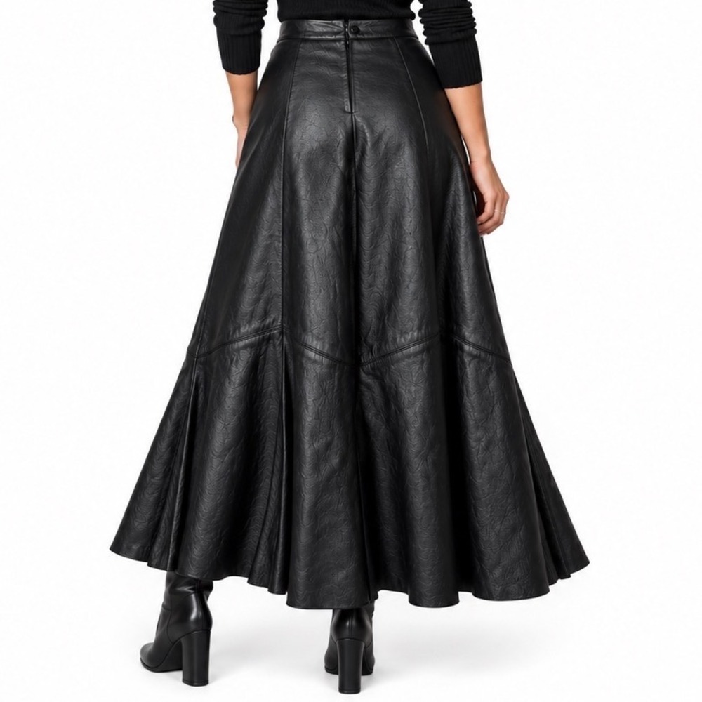 Vintage Aggie Georgette Chordas Black Leather Godet Maxi Skirt 10 USA 80s - Picture 2 of 11